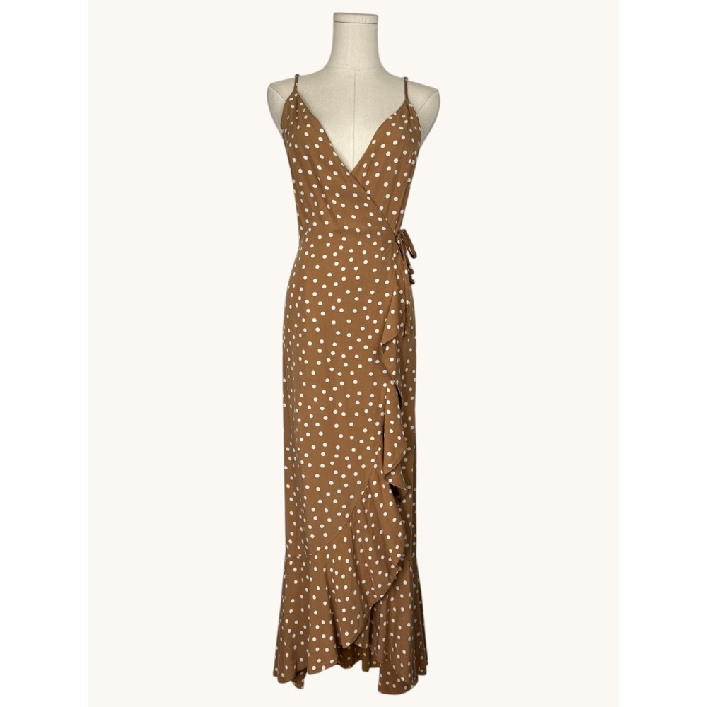 L*Space Brown Polka Dot Ruffle Wrap Maxi Dress XS Adjustable Straps Rayon